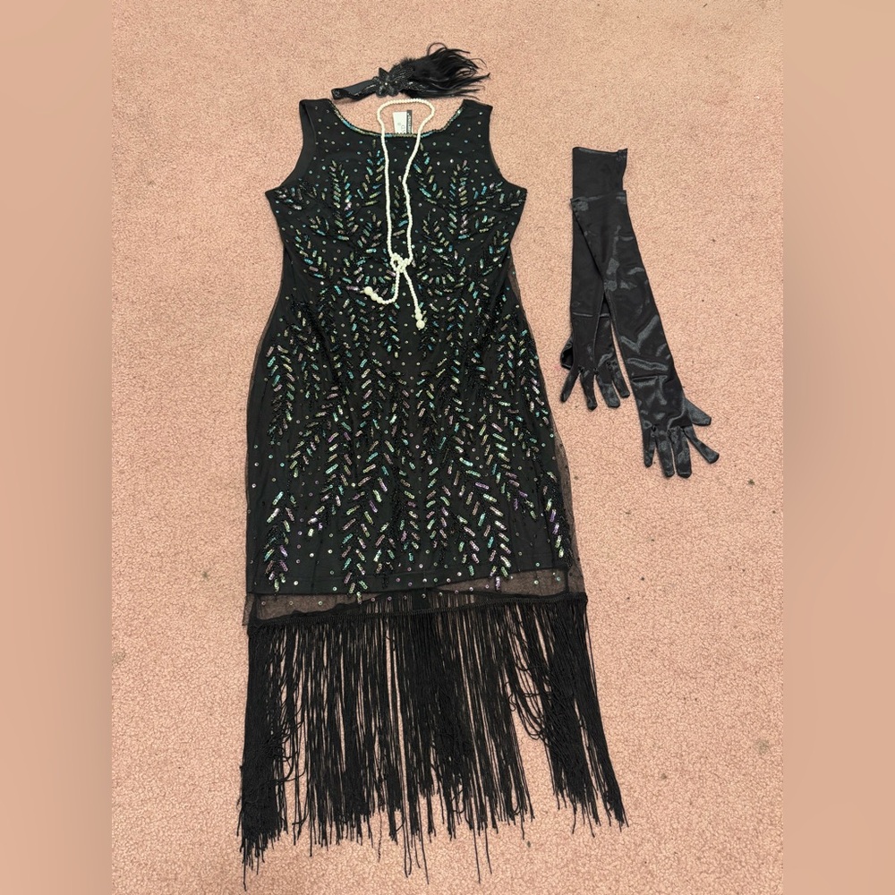 New xl black beaded fringe flapper evening gown dress costume accessories